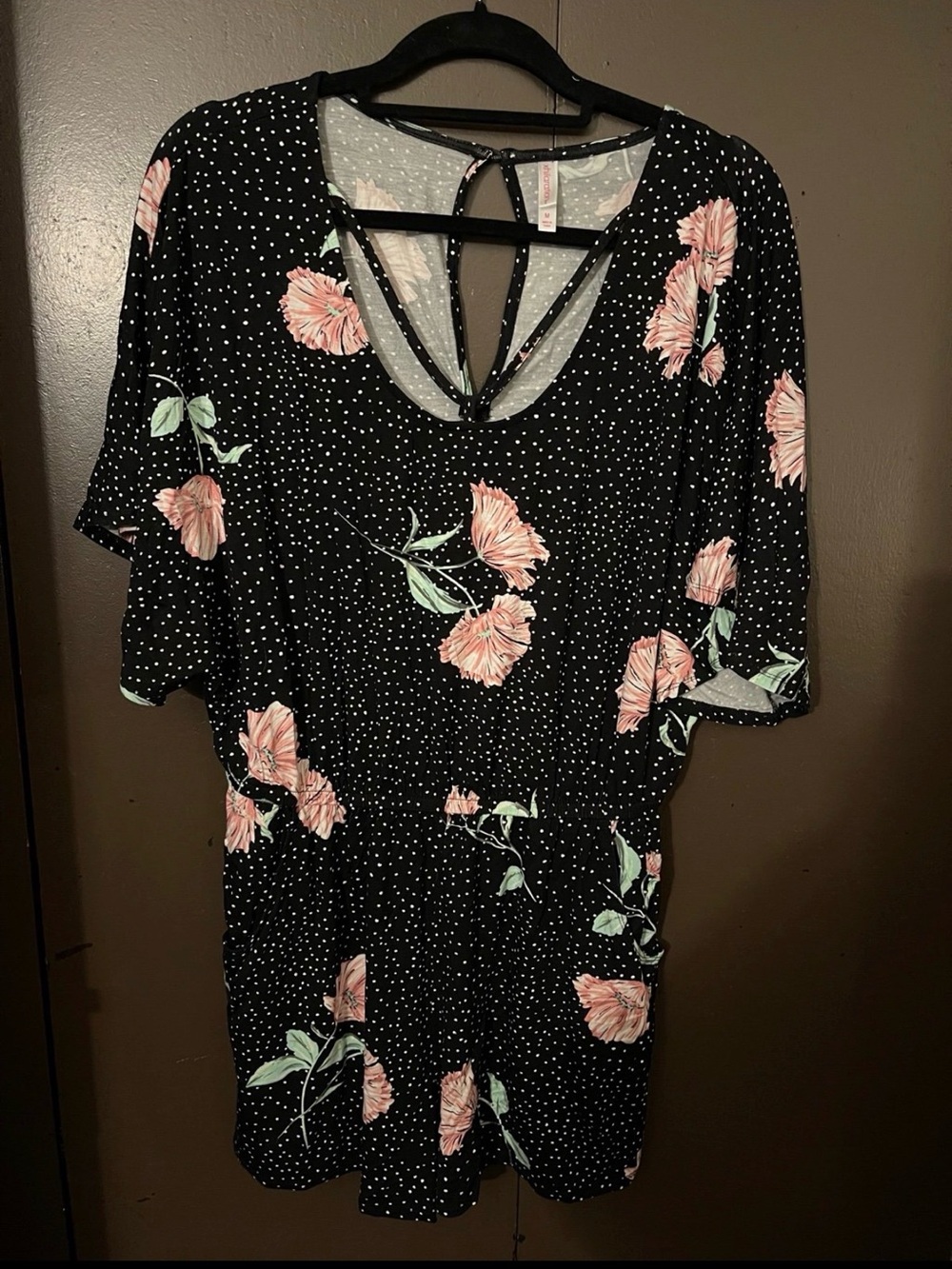 Xhilaration Black Floral Romper with Pink Flowers and Green Leaves